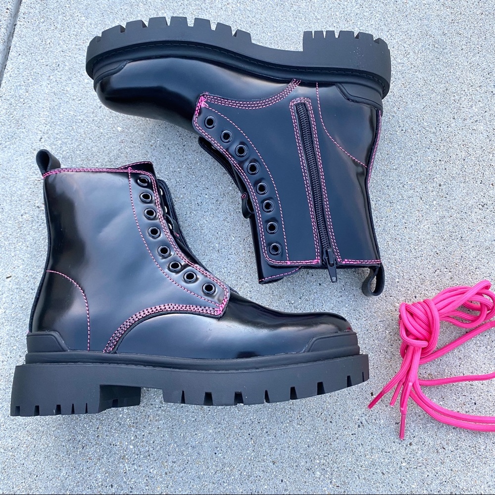AQUA Combat Boots Ankle booties Quinn black patent neon pink lace up Moto combat - Picture 4 of 12